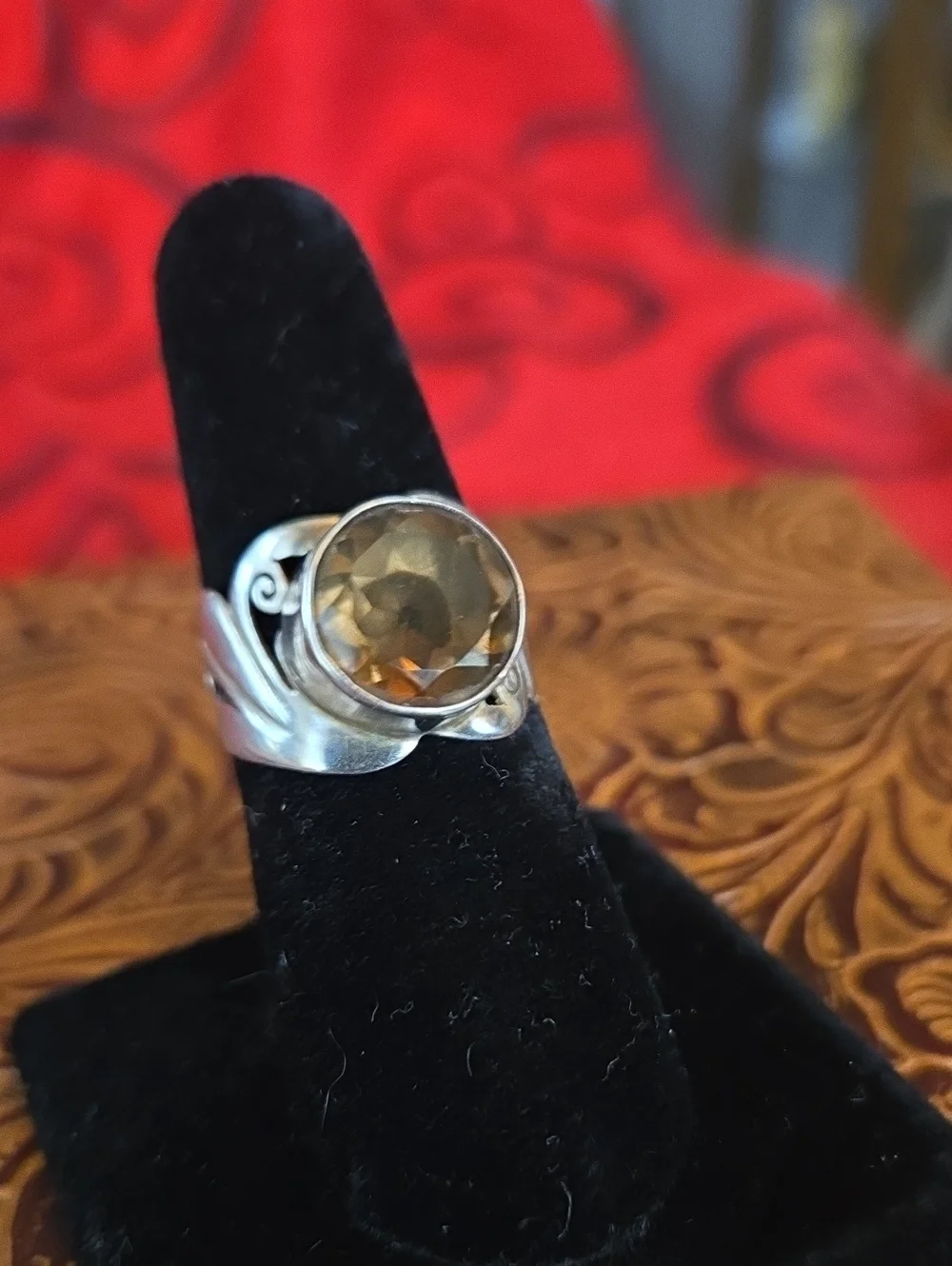 Modernist, Midcentury Sterling, Smoky Quartz, sculptural Cocktail Ring & Pouch